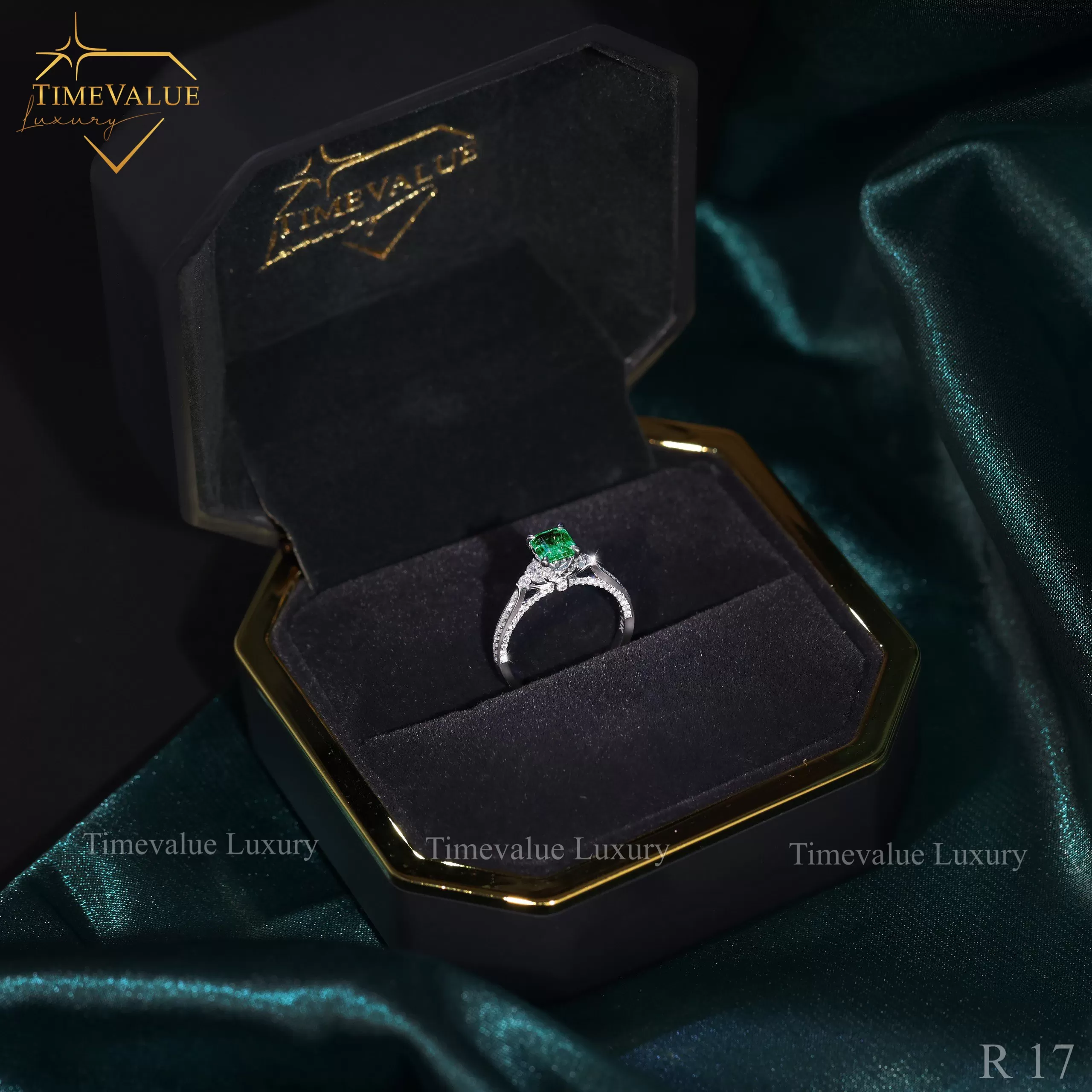 Nhẫn Kim cương Nữ gắn đá Emerald R17