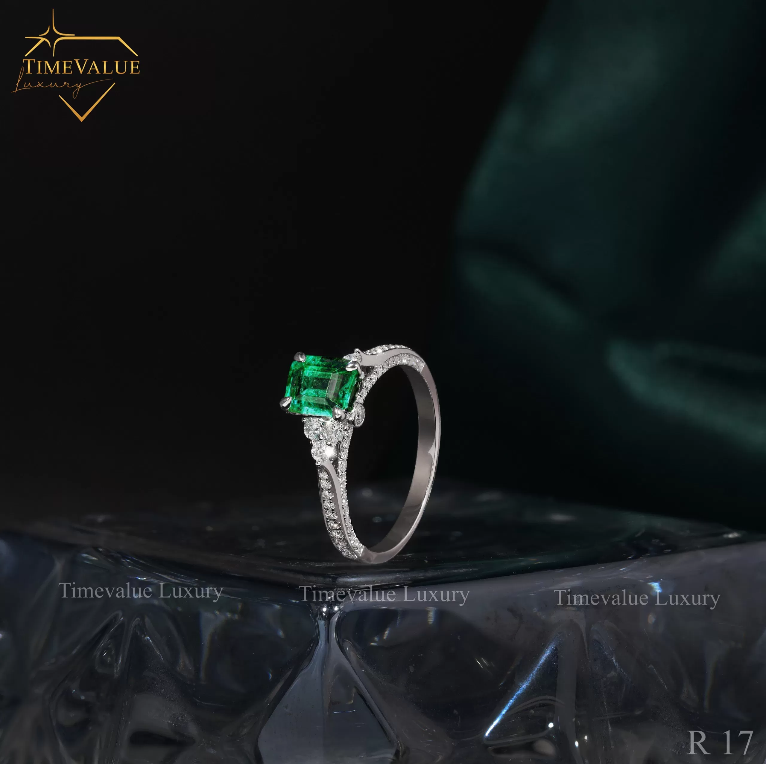 Nhẫn Kim cương Nữ gắn đá Emerald R17 01